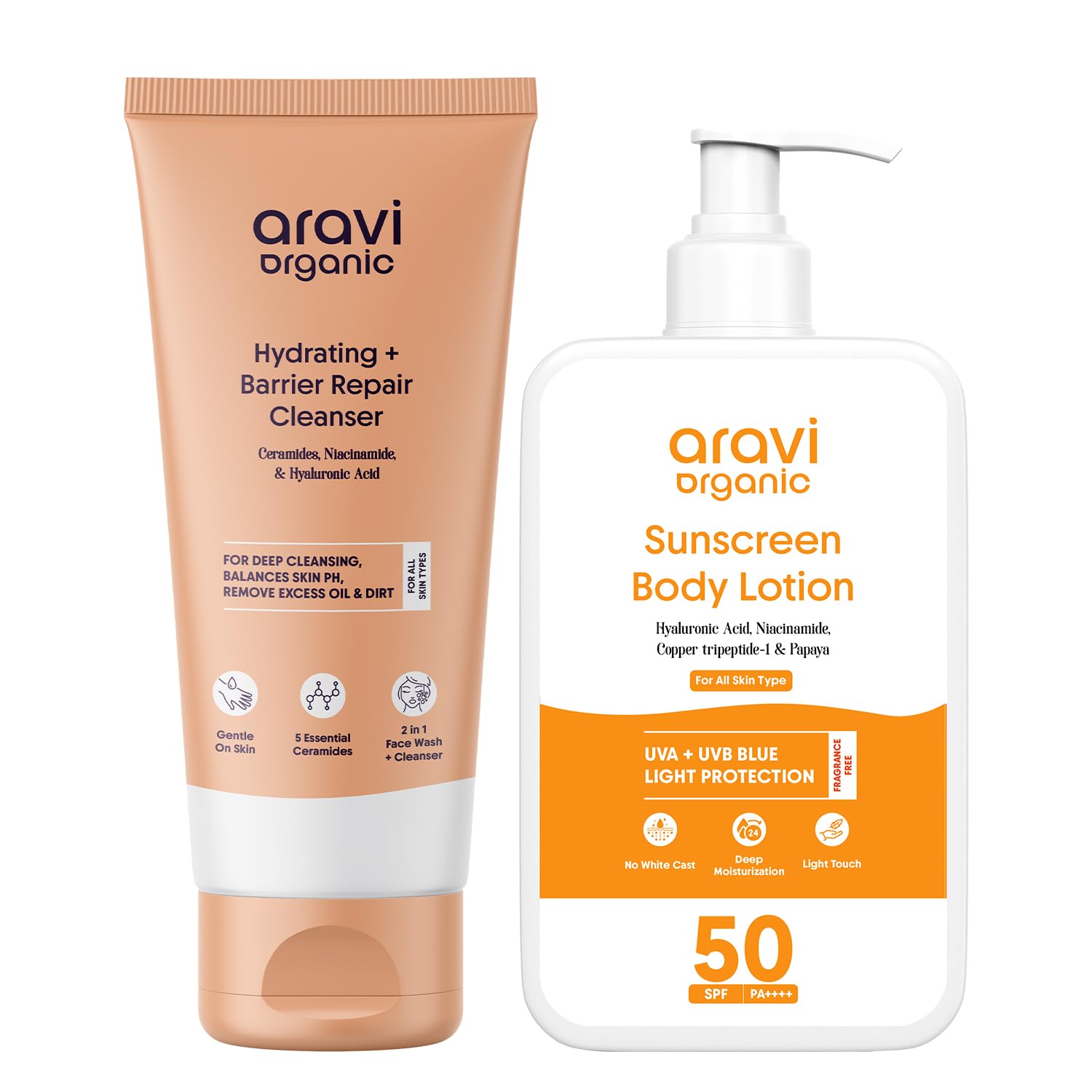 Aravi Organic Skin Sun Care Combo – Barrier Repair Cleanser (100ml) + Sunscreen Body Lotion SPF 50 PA+++ (200ml)