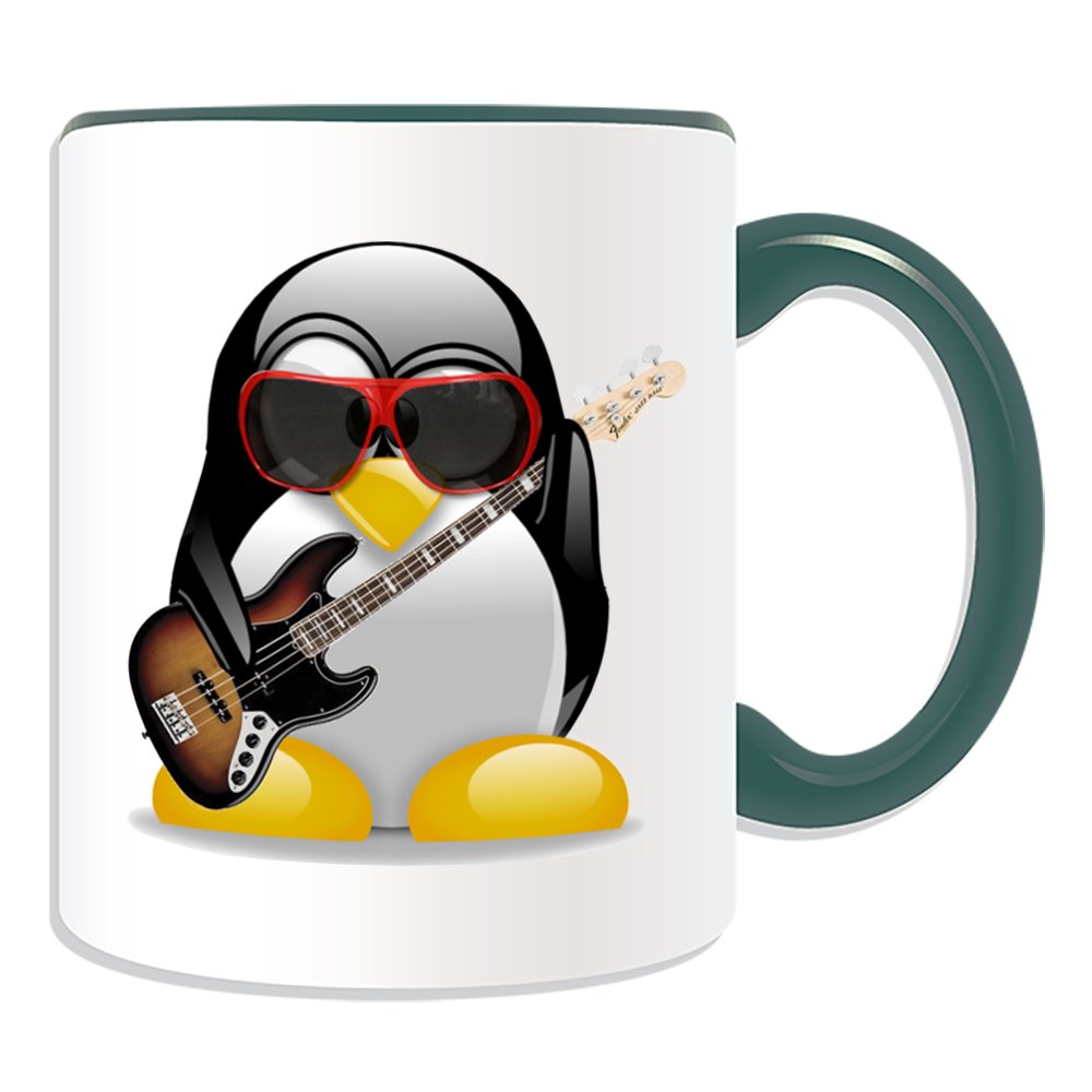 Personalised Gift - Electric Bass Guitar Mug (Penguin in Costume Design Theme, Colour Options) - Any Name/Message on Your Unique - Music Musical Instrument