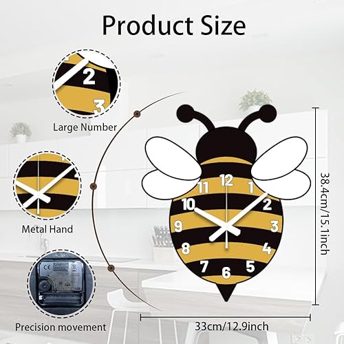Miniatura 2 de CHGCRAFT Reloj de pared con forma irregular de abeja, reloj de pared impreso para decoración del hogar y oficina, 15 x 13 pulgadas