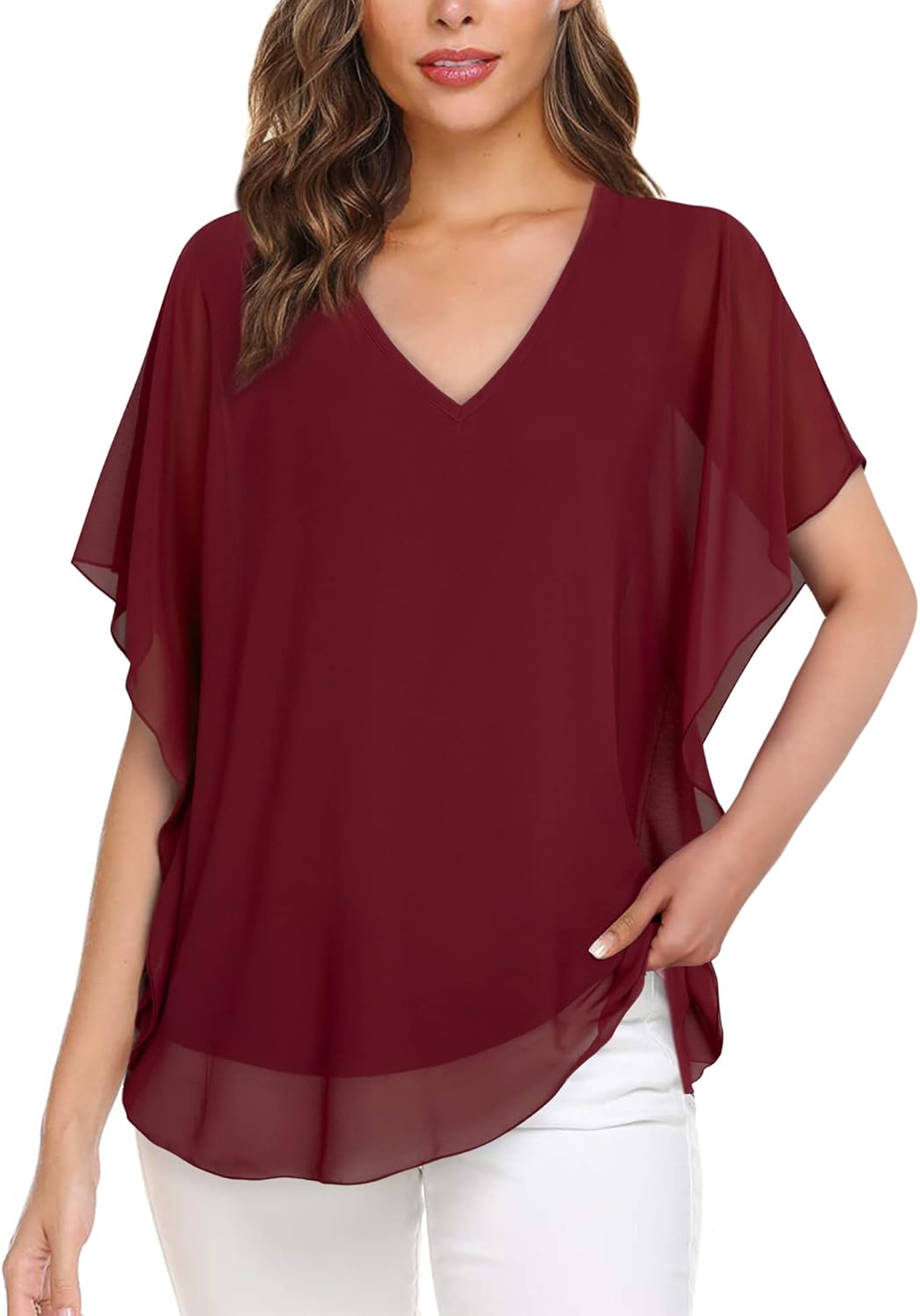 Lotusmile Women's Loose Flouncing Flutter Sleeve Double-Layered Shirt Chiffon Elegant Dressy Blouse Work Tops - Image 2