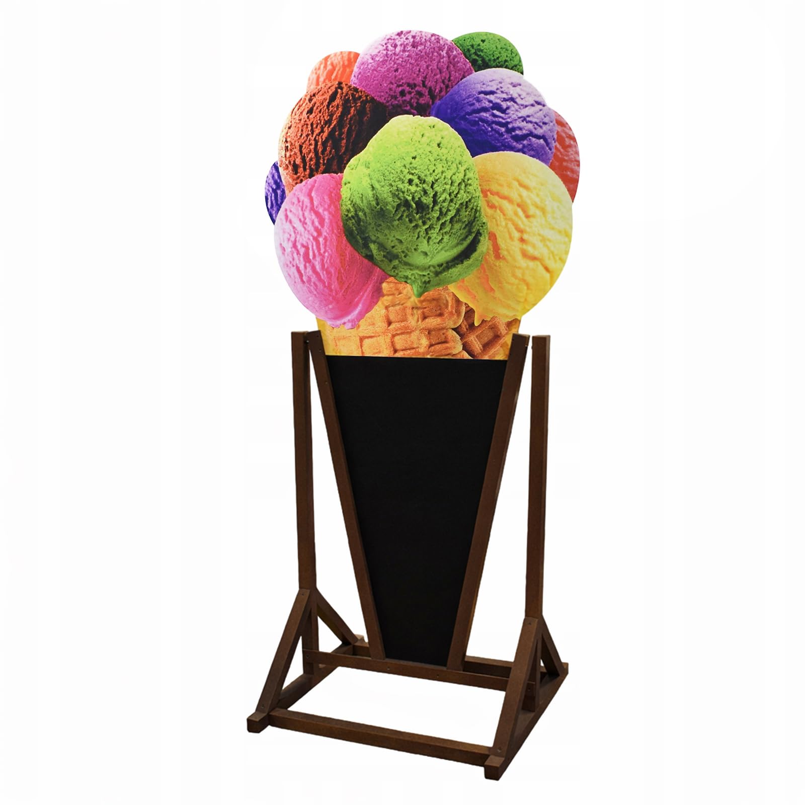 Doppelseitiger Kundenstopper 197 x 94,5 cm, wasserdichter Werbeständer mit Kreidetafel, Eis-Motiv und Holzgestell für Eisdiele, Eiscafé, Gastronomie, Innen- und Außenbereich (Braun)