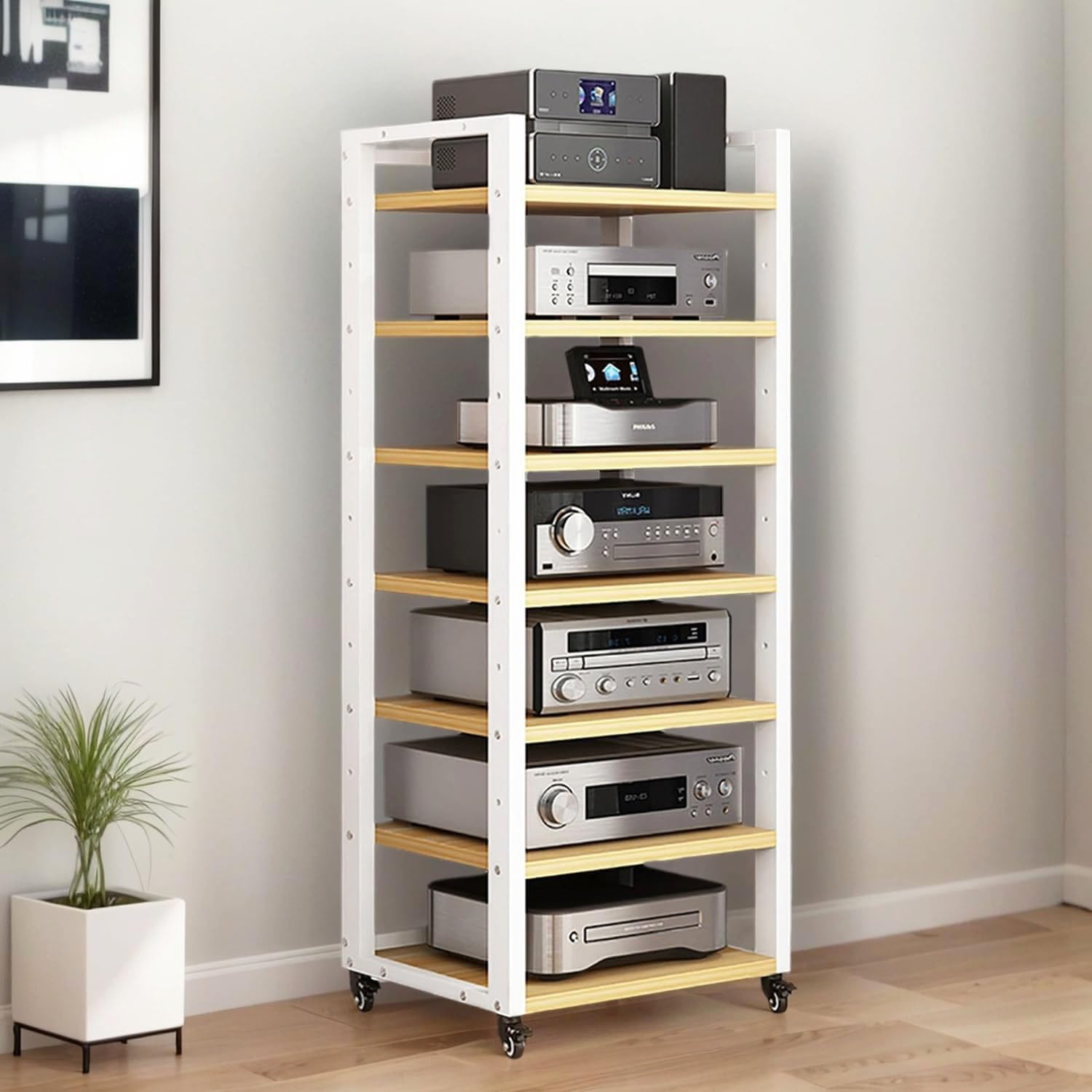 OMKUOSYA 7-Tier Heavy Duty Audio Component Rack, 140cm Tall - HiFi Amplifier Rack/Audio-Video Shelving - CD Record Player Stereo Receiver AV Equipment