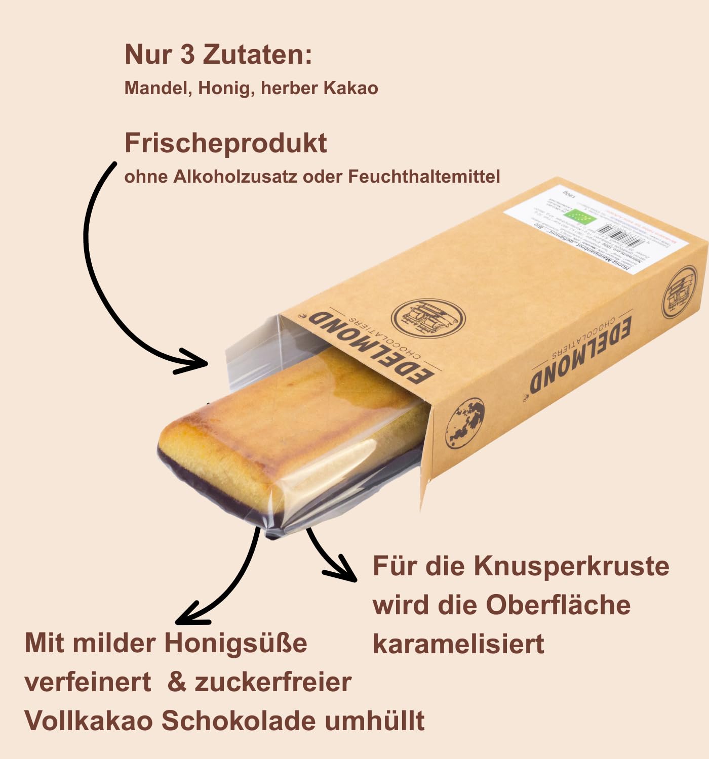 Edelmond geflämmtes Bio Marzipan-Brot. Handgemacht aus Mandeln, Honig und Kakaobohne - Bitterschokolade. Königsberger XL-Praline Geschenk