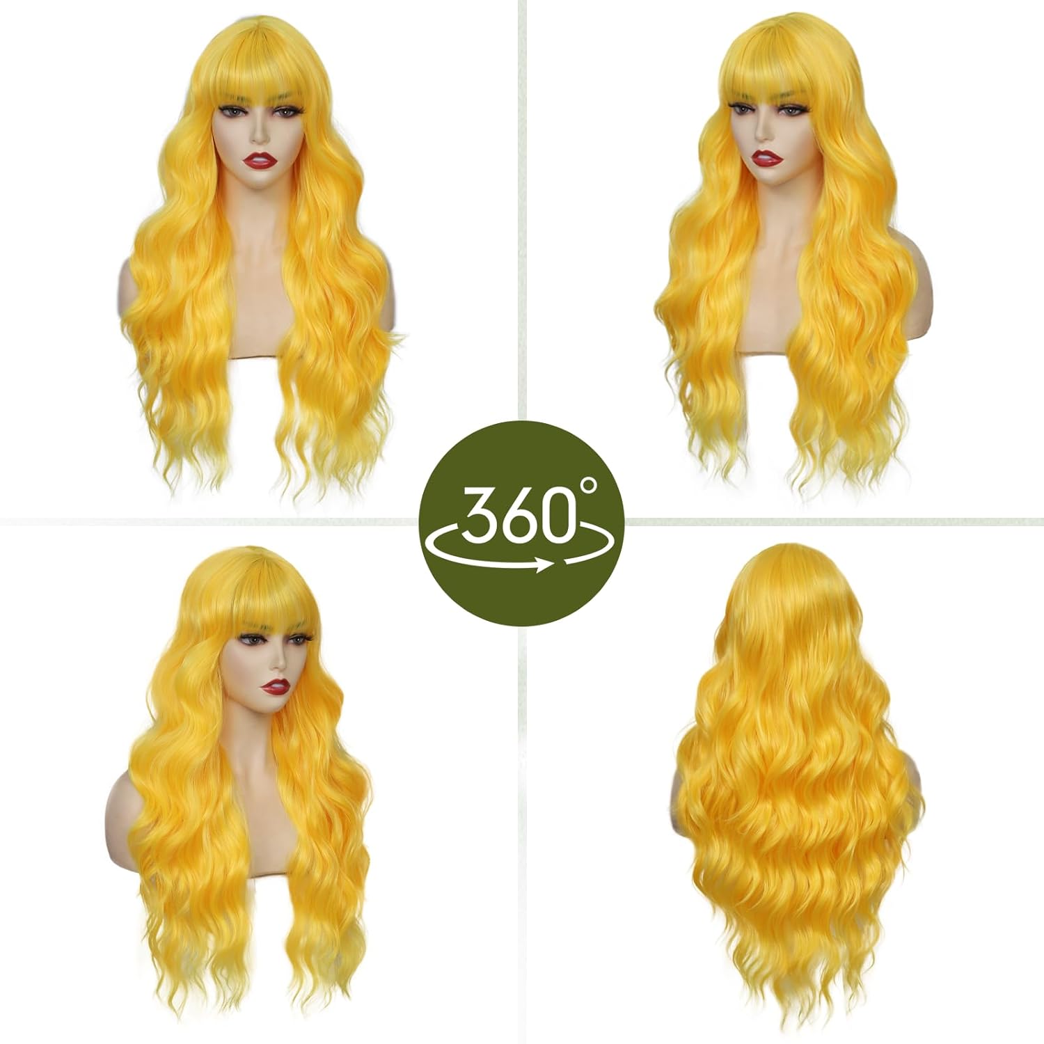 Long Yellow Wavy Wig With Bangs for Women 26 Inch Curly Wavy Wig With Bangs Natural Looking Synthetic Heat Resistant Fiber Wig for Daily Party Use