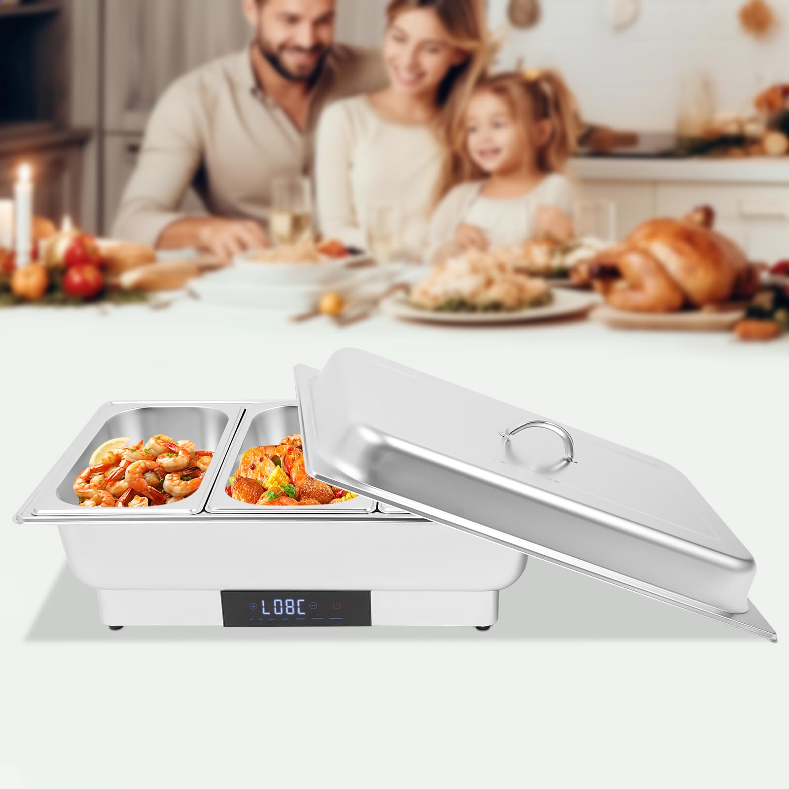 Scaldavivande elettrico in acciaio inox, controllo della temperatura, touch screen, 3 scomparti, 9 l, 600 W, per buffet, feste, cene in famiglia