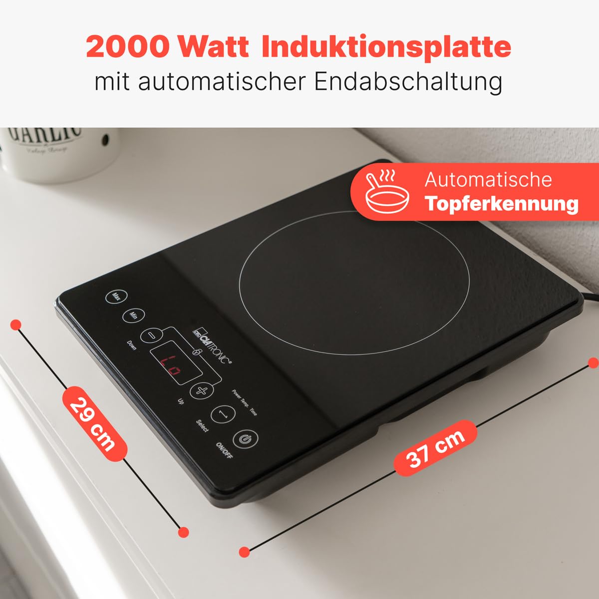 Clatronic® Induktionskochplatte | Kochplatte mit Sekundenschneller Erhitzung durch Induktion | Herd mit ECO-Save für 55% Zeitersparnis | Induktionskochfeld mit automatischer Topferkennung | EKI 3569