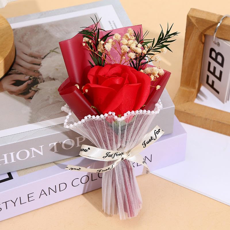 Image of Mini Artificial Red Rose Bouquet for Gifting, Pearl Net Wrapped Flower with inchJust for You inch Ribbon, for Mom, Anniversary, Birthday, Proposal, Desk & Home Decor (Red)
