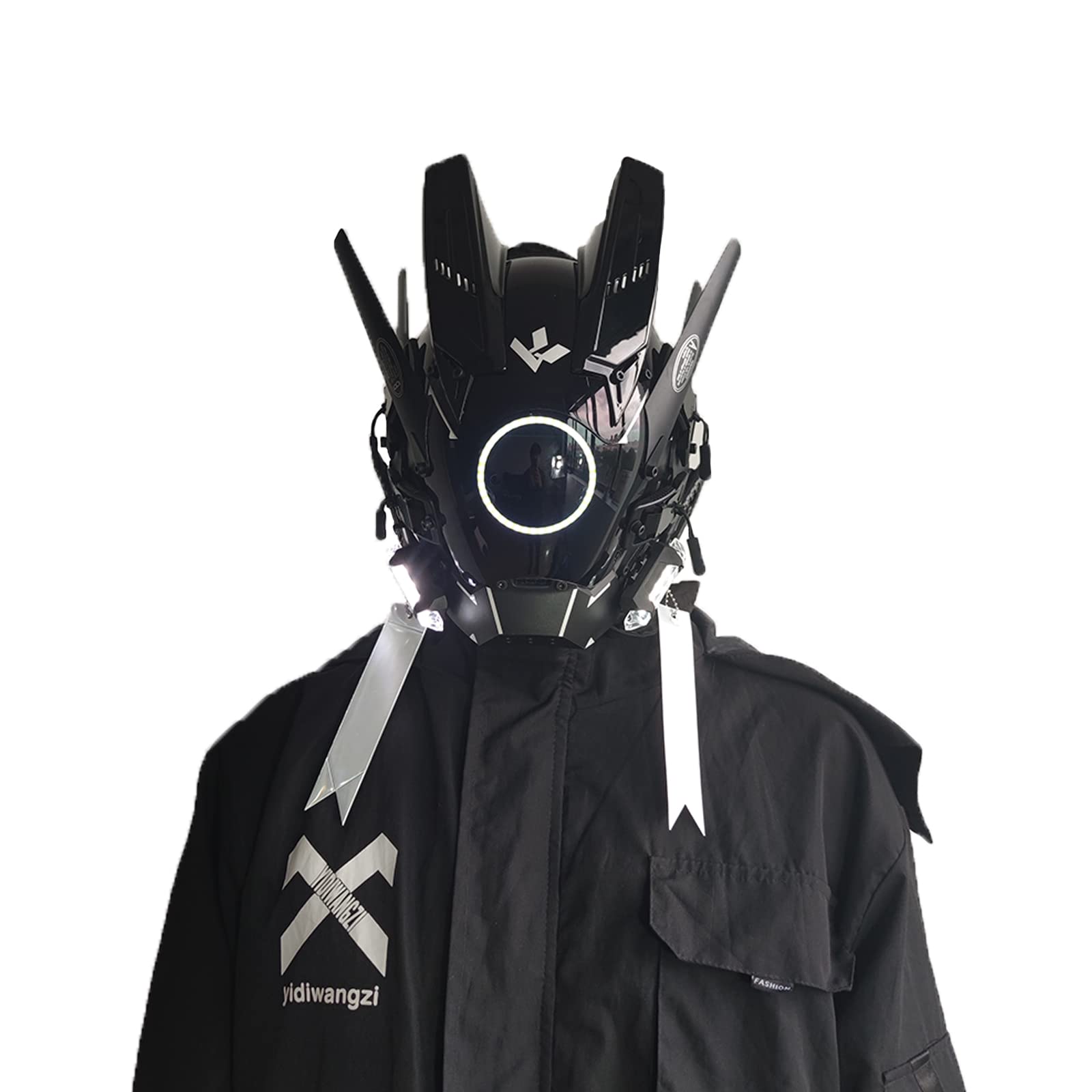 JAUPTO Punk Mask Helmet Cosplay for Men, Futuristic Punk Techwear, Halloween Cosplay with Light