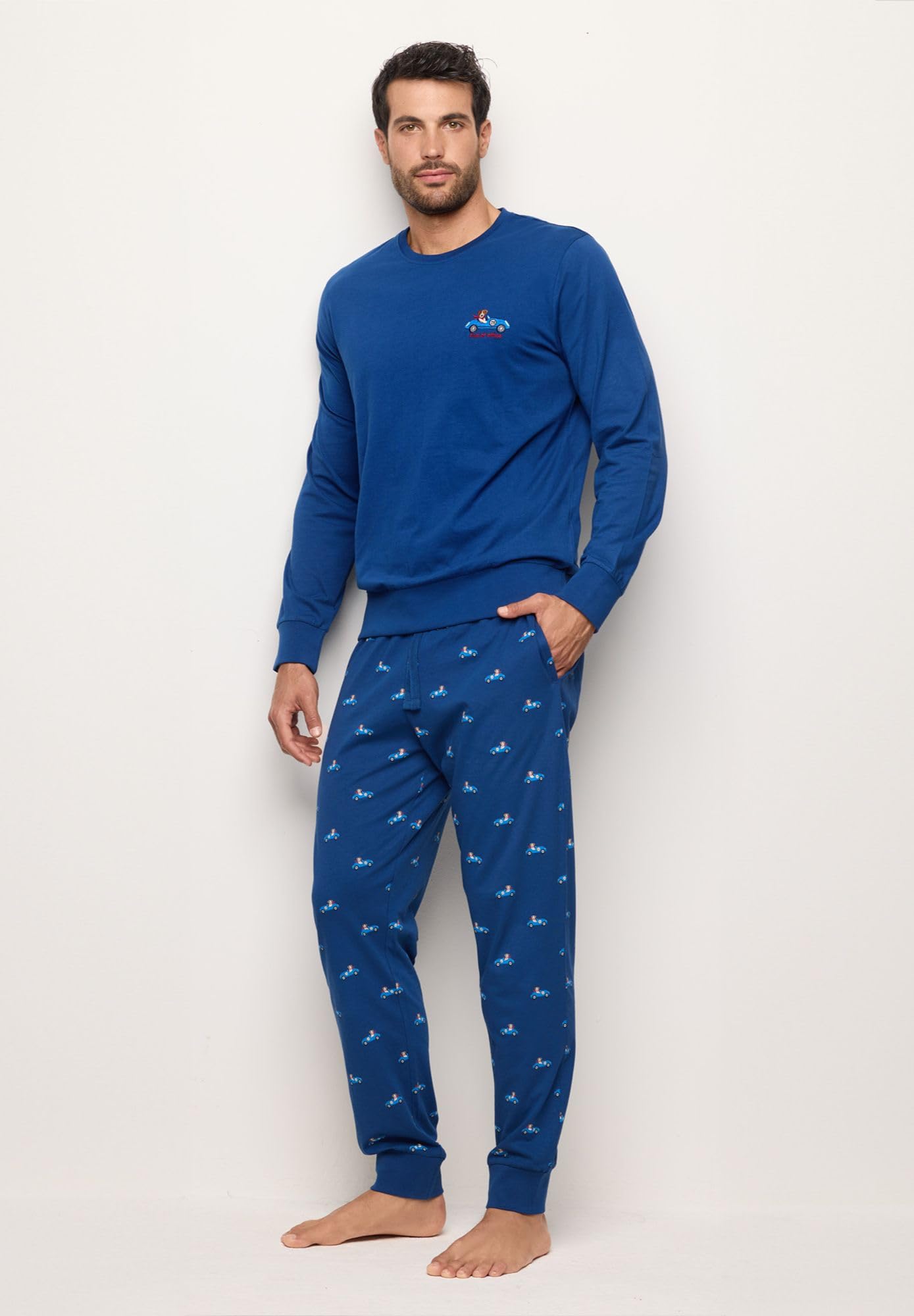YAMAMAY - Pigiama Lungo, Uomo, Blu, 100% Cotton, Jersey, Stampato