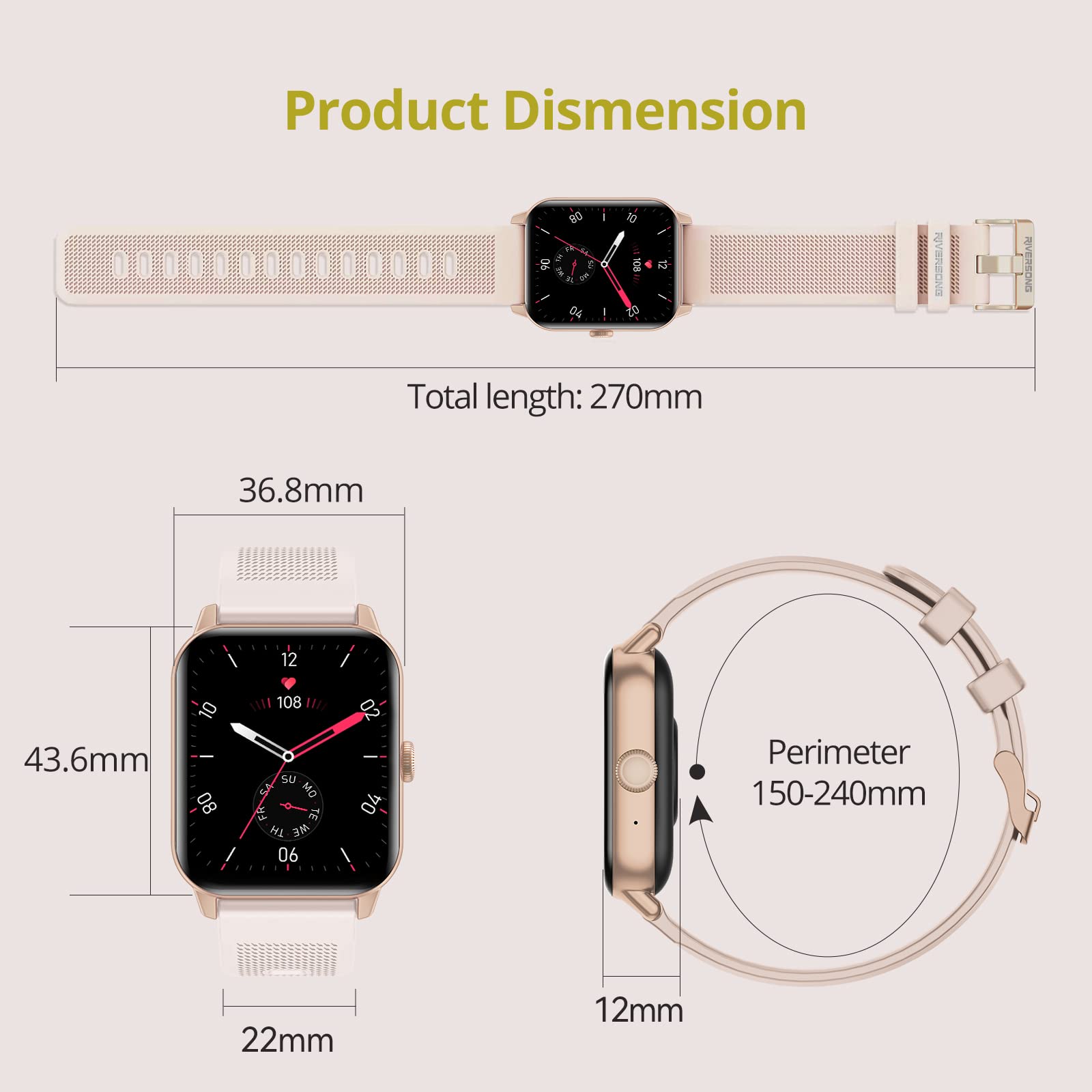 RIVERSONG Montre Connectée Femme avec Appel Bluetooth, 1,69" Montre de Sport avec Fréquence Cardiaque,SpO2, Podomètre, Moniteur de Sommeil, 49 Modes Sportifs, pour Android/iOS, Rose