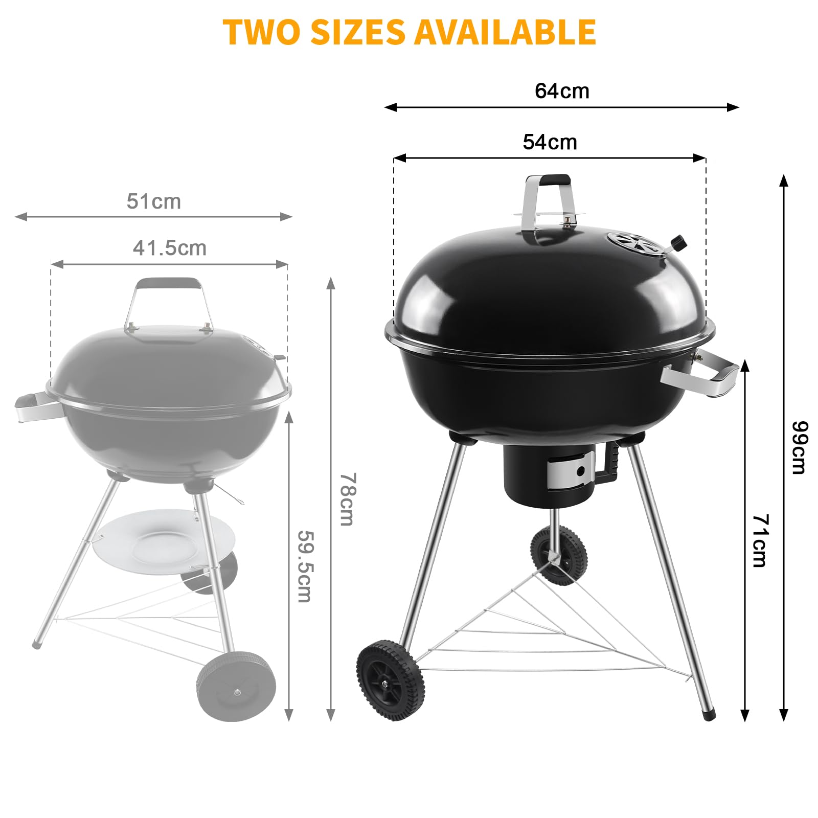 Kugelgrill Holzkohlegrill mit Deckel 64x64x99 cm Schwarz | Grillrostdurchmesser 54 cm, Holzkohlegrillwagen mit Rädern, Für Camping geeignet