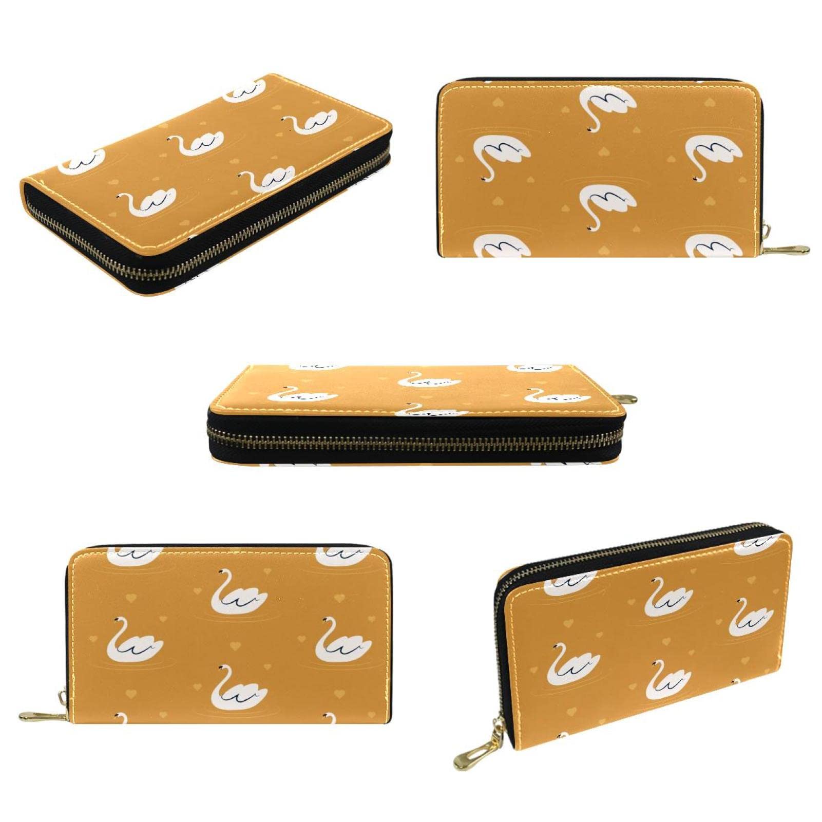 Cartera de piel con cremallera de cuero y fondo amarillo con patrón de cisne blanco, Varios colores, 20.5x2.5x11.5cm/8.07x1x4.53 in, Classic