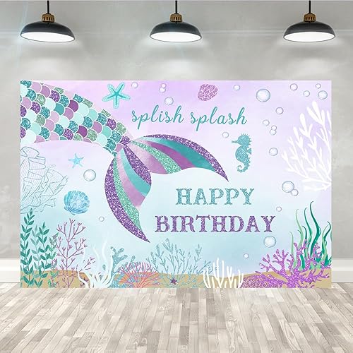 Lofaris Telón de fondo de sirena de 9 x 6 pies con temática de cola de pez para niños y niñas bajo el mar Splish Splash Oneder The Sea 1st Bday