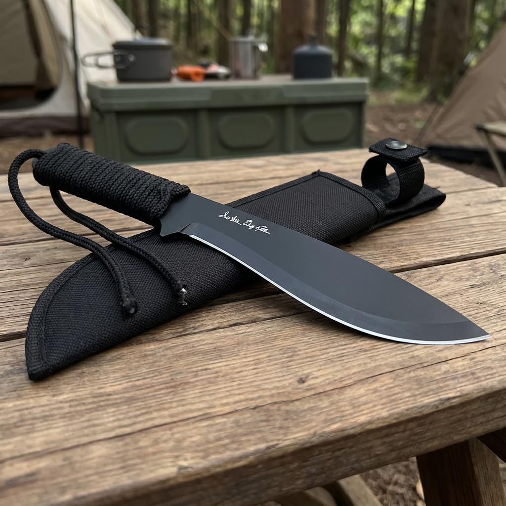 Jagdmesser mit Feststehender Klinge, Edelstahl, 25cm, Paracord Griff, mit Nylonscheide und Hängeleine, für Outdoor (schwarz)