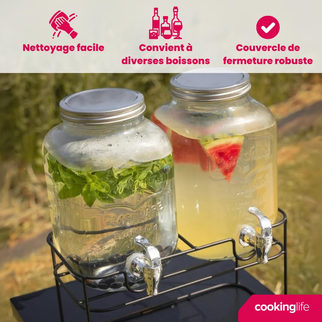 Cookinglife Distributeur de Boissons Double, Verre et Acier, Noir, 2 x 4 litres, avec Support