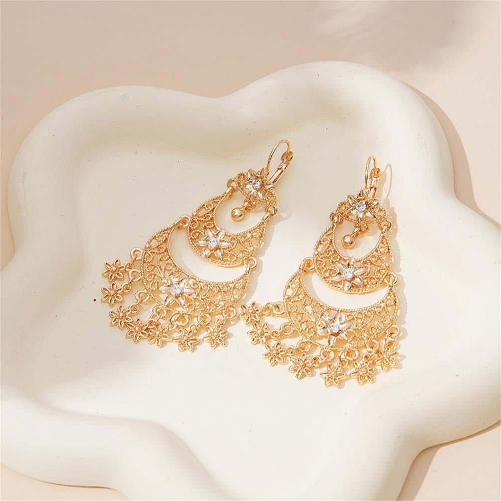 Boho Flower Tassel Statement Dangle Hoop Earrings for Women Crystal Chandelier Drop Dangling Earring Indian Bollywood Jewelry Gift for Jhumka Festival Holiday Christmas Wedding Party - Image 4