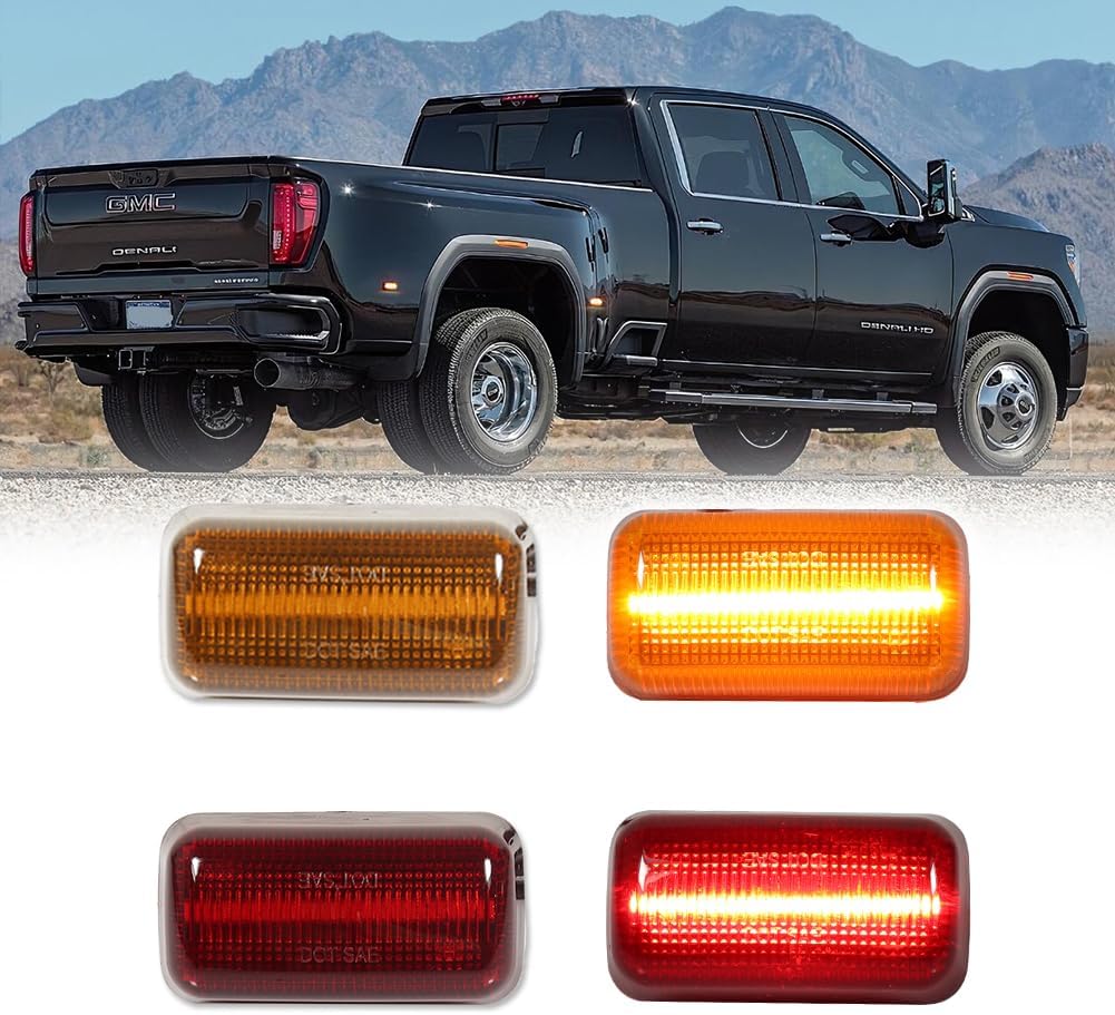 GTINTHEBOX for 2015-2022 Chevy Silverado GMC Sierra 2500HD 3500HD Dually Bed Fender Bumper Side Marker Lights,Front Amber Lens Amber LED & Rear Red Lens Red LED