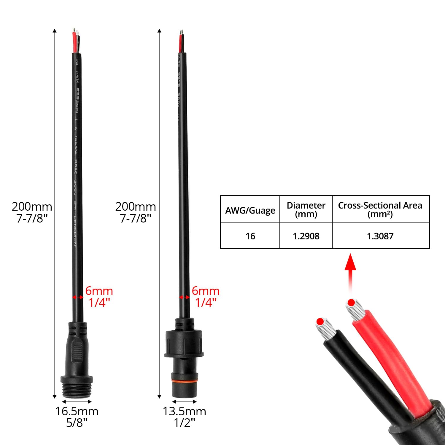 QWORK® 2-pinowe złącze elektryczne IP68 Wodoodporne z przedłużaczem 16AWG 20 cm do łańcuchów świetlnych Taśmy LED - 5 par
