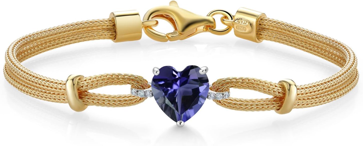 Gem Stone King 18K 2 Tone Sterling Silver Blue Iolite and White Lab Grown Diamond Bracelet For Women (1.29 Cttw, Heart Shape 8MM, 6.5/7/7.5 Inches, Made In Italy)