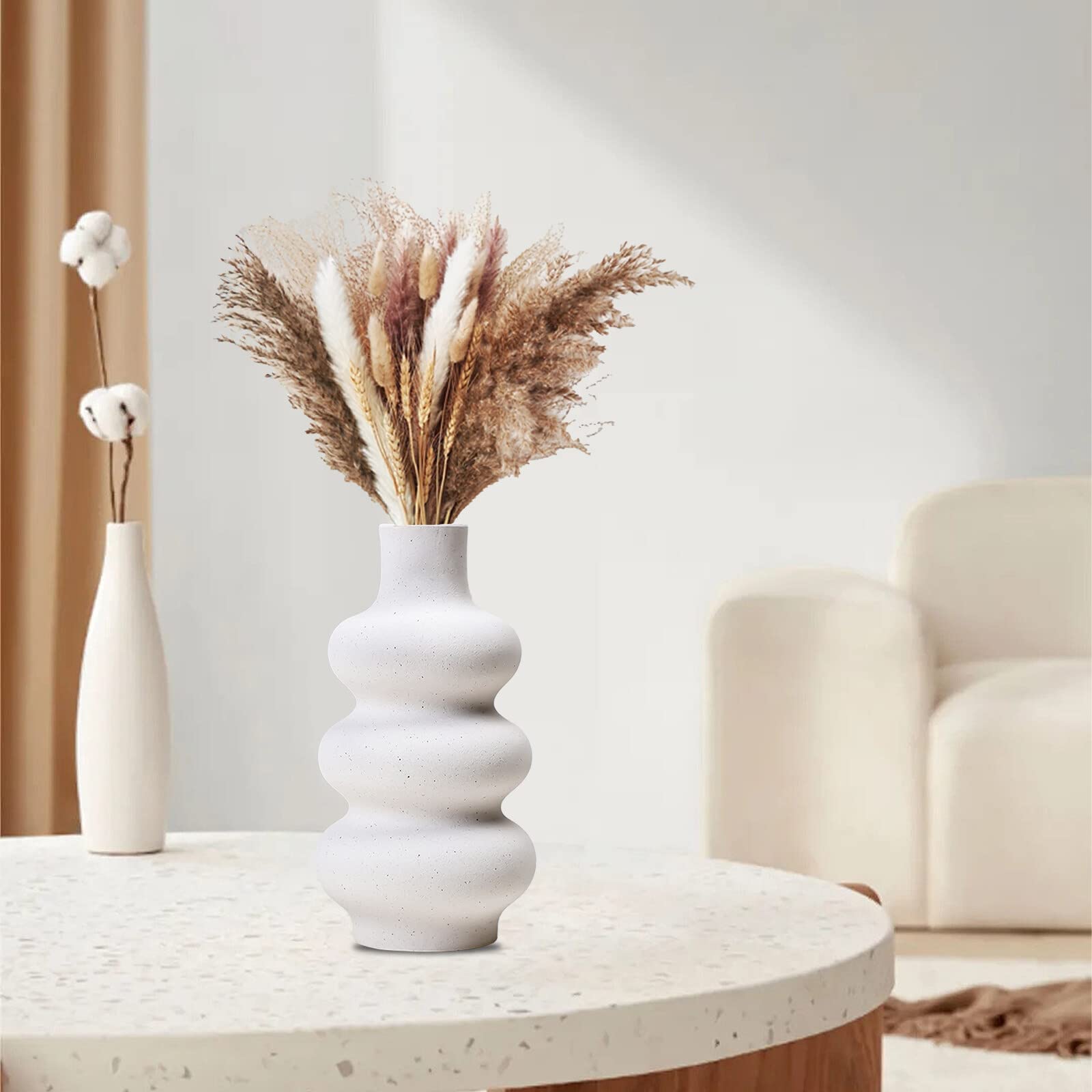 Vase en spirale pour herbe de la pampa - Vase rond en céramique - Blanc - Avec trou - Décoration de bureau - Pour la maison - Vase en spirale pour herbe