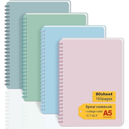 Spiral Notebook, 5.7" x 8.3" College Ruled Notebook with 4 Colors Spiral Journals for Women, 80 Sheets / 160 Pages Per Journal with Twin-Wire Binding, Thick Plastic Hardcover and 8mm Ruled Lined