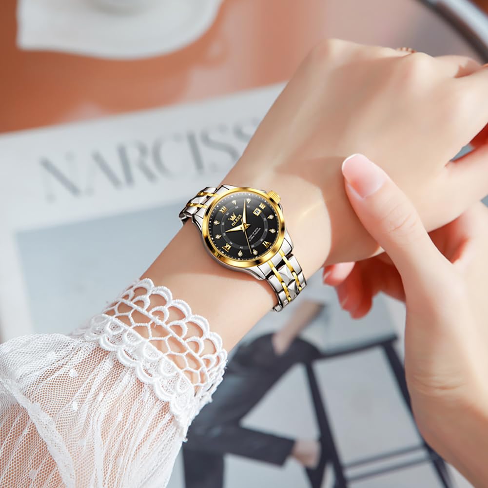 OLEVS Armbanduhr für Damen, zweifarbig, mit Datumskleid, Damenuhren für kleine Handgelenke, luxuriös, leicht ablesbar, wasserdicht, blau/schwarz/gold/silbernes Zifferblatt, Reloj para Mujer