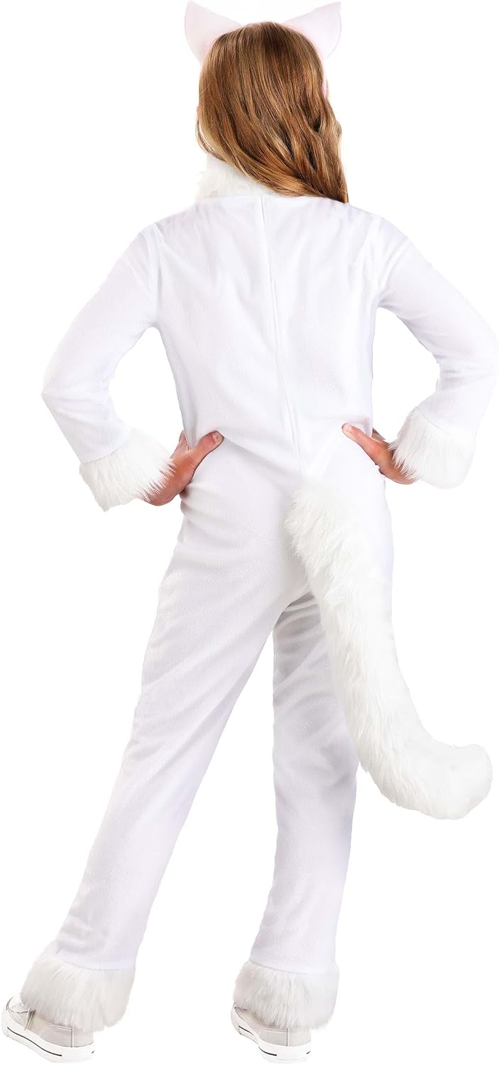 Kid's Big Tailed White Cat Costume with Plush Jumpsuit & Headband for Halloween & Dress-Up Play
