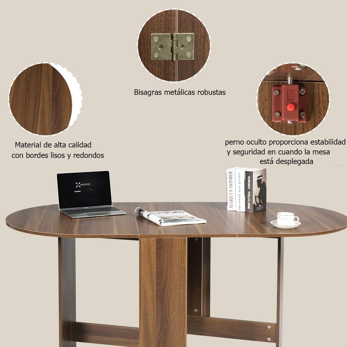 COSTWAY Mesa Comedor Extensible de Madera, 80x163x75 cm, Mesa de Comedor con 2 Solapas, Bordes Redondos,Soporte de Cruciforme, Mesa Redonda Extensible Plegable para Cocina Balcón Jardín (Marrón)