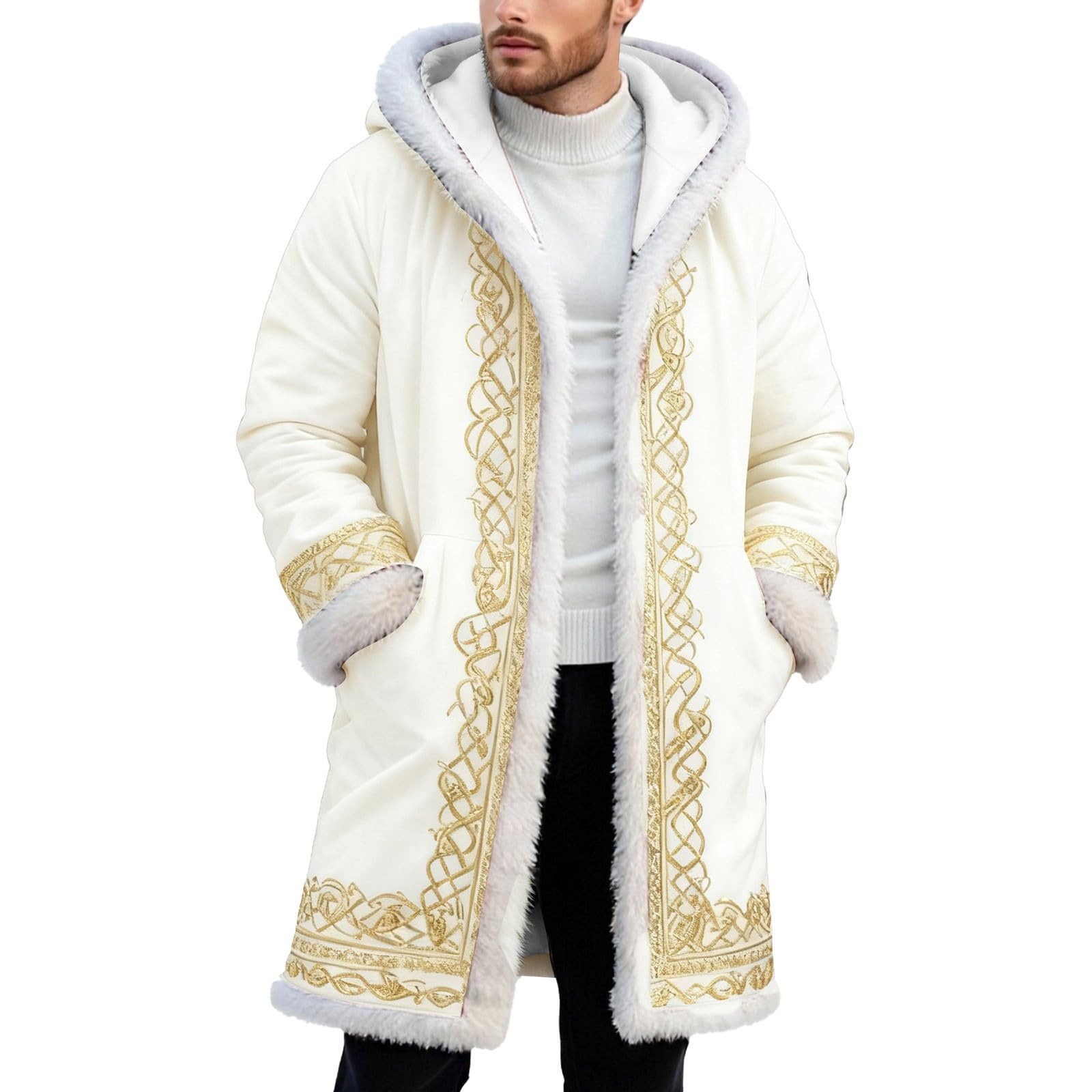Santa Claus Costume Men's Christmas Costume Men's Funny Christmas Fleece Hoodie Oversize Christmas Jacket Warm Soft Cardigan Festive Party Coat Xmas Hooded Coat with Hood, O White, M