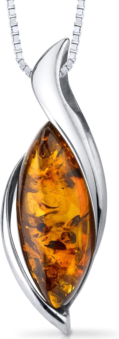 Genuine Baltic Amber Pendant Necklace, Earrings and Bracelet, Sterling Silver, Floating Marquise Twist Design, Rich Cognac Color, 100% Natural from Baltic Region, Baltic Amber Jewelry for Adults