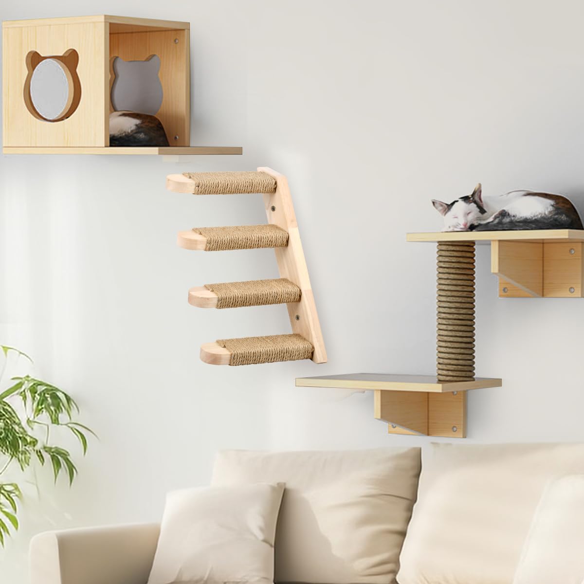 Estantes de Escalada YOPEUC para Gatos, Hecho de Madera de Caucho con Rascador de Yute y Escalera de Madera Cuerda Sisal para Trepadores