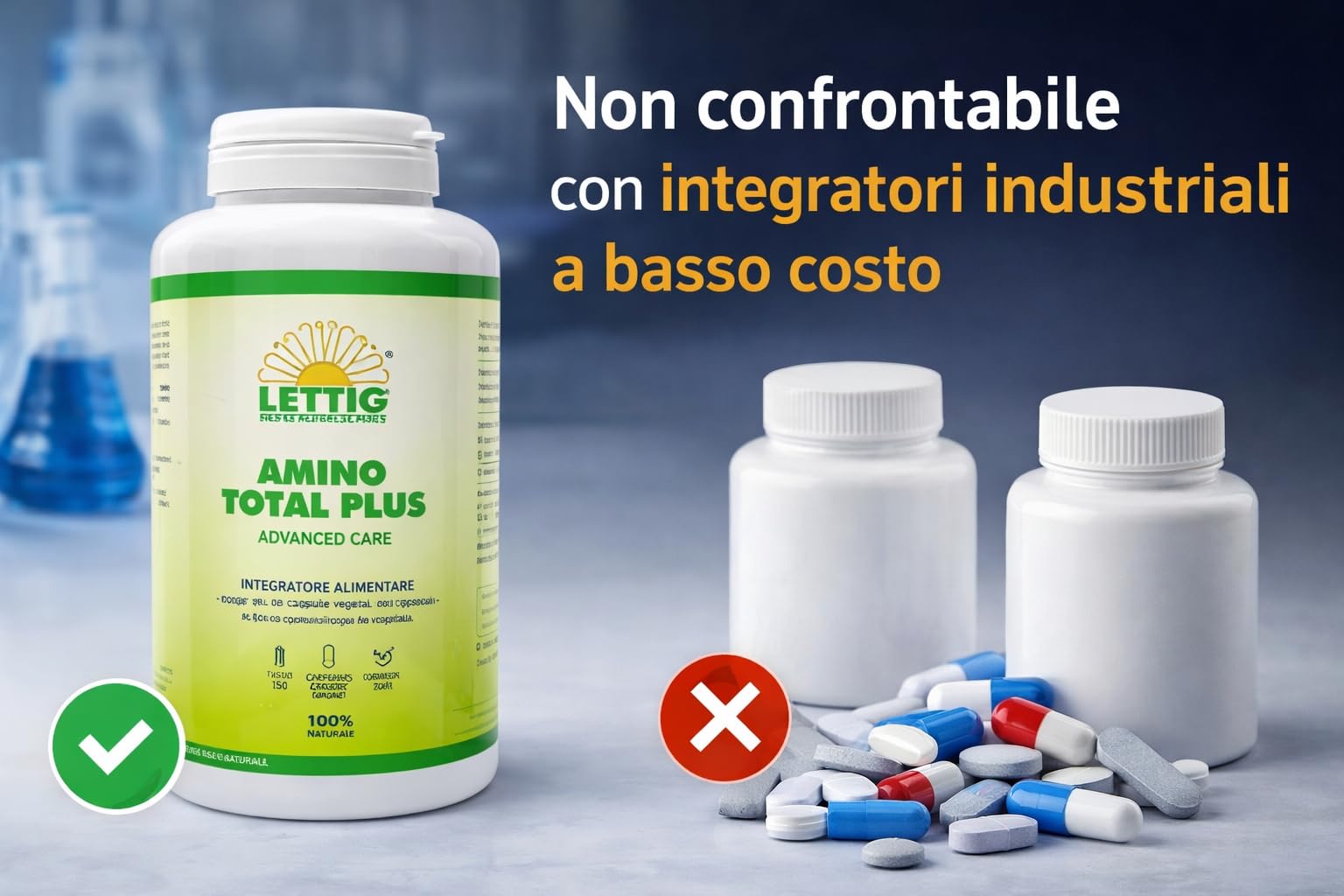 AMINO TOTAL PLUS – Integratore di Aminoacidi Essenziali | 100% Naturale | Prodotto in Azienda Farmaceutica Italiana | Standard GMP | Con GABA, Quercetina, Vitamina C e D3 – 120 Compresse
