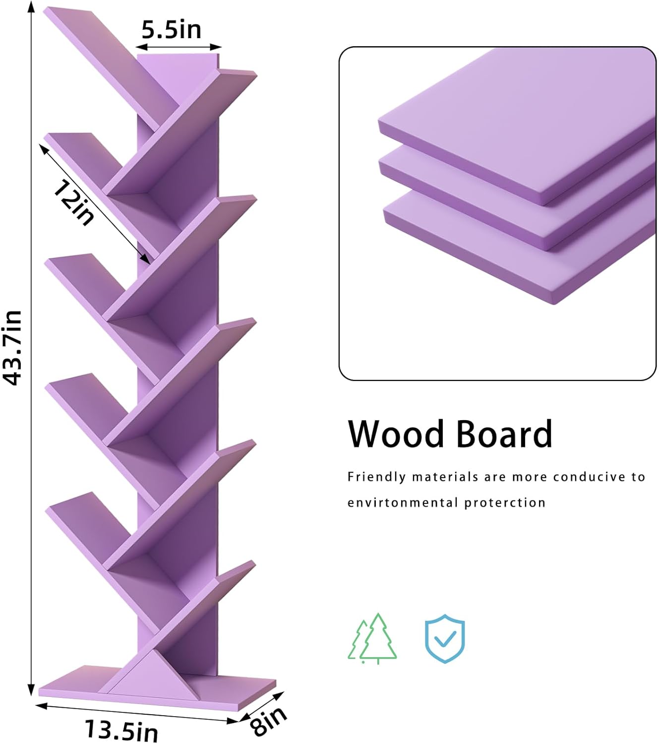 10 Tier Tree Book Shelf, Floor Standing Wood Bookshelf for Narrow Space, Storage Organizer Bookshelves for Books/CDs/Magazine, Bookcase with Shelves for Home Office, Living Room-Dream Purple