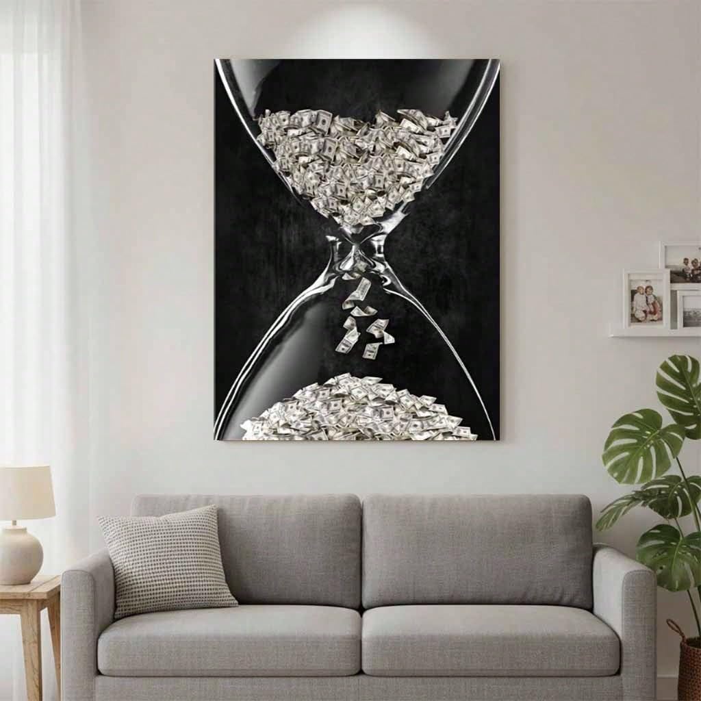 Cuadro decorativo de pared con diseño de reloj de arena y dinero, lienzo con la frase "El tiempo es dinero", pintura con billetes de dólar, lámina motivacional sobre la riqueza (40x50cm/con marco).