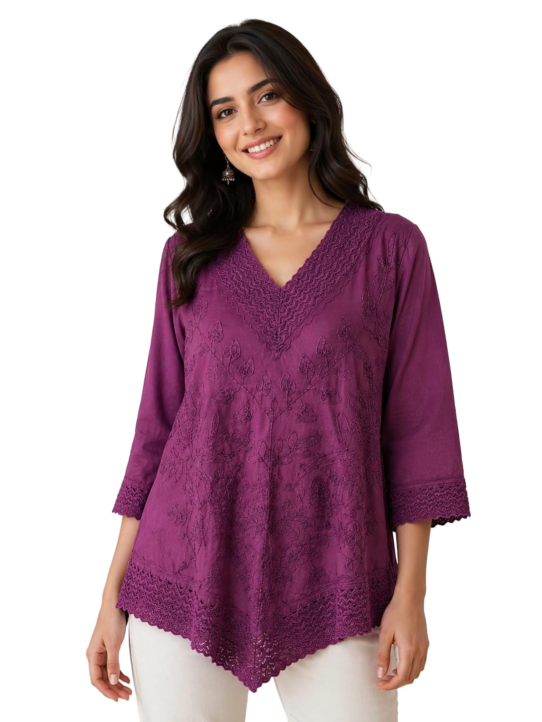kimakshi Women's Embroidered Tunic Top, V-Neck, 3/4 Sleeves, Asymmetric Hem, Lace Detail-picture-22