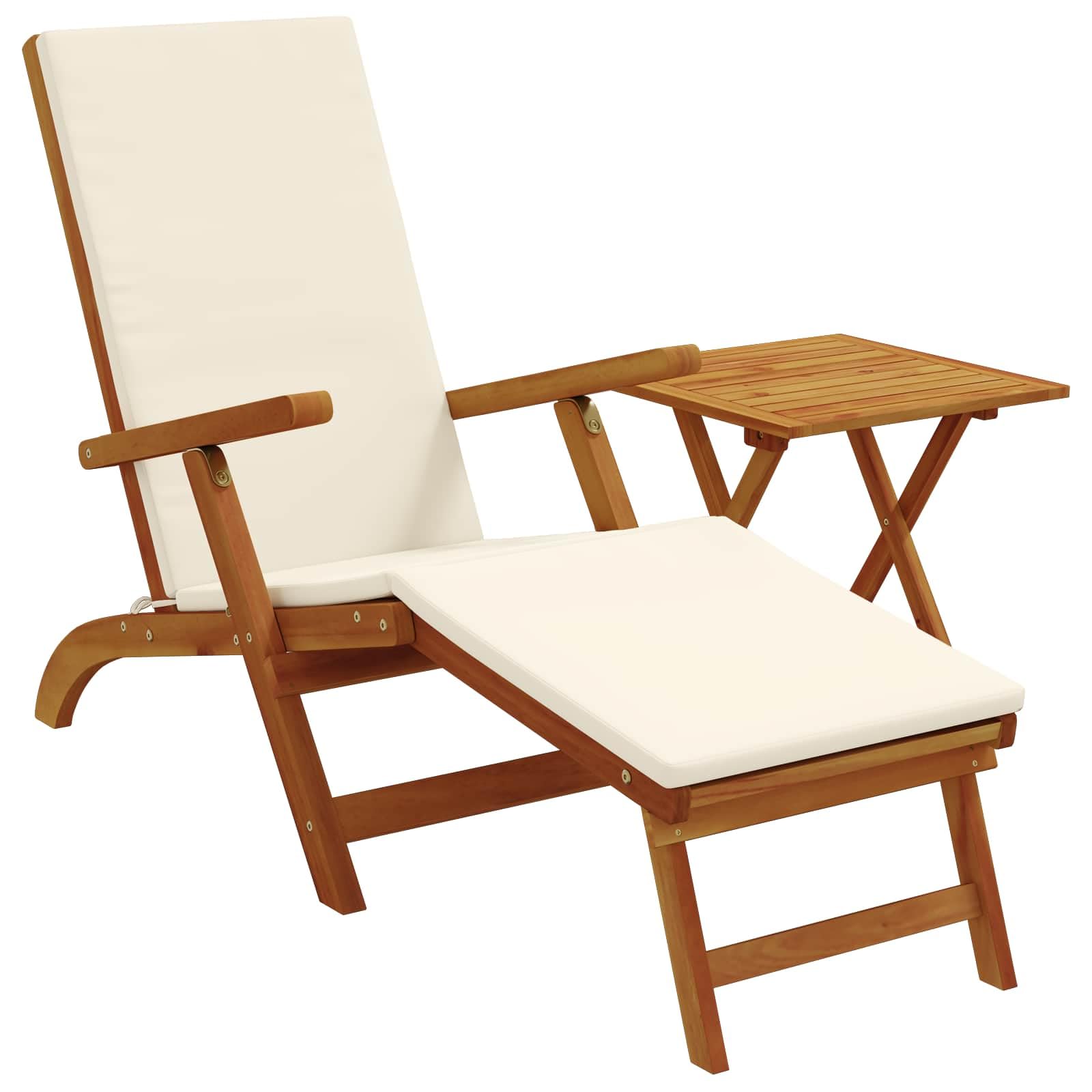 Makastle Transat de Jardin Pliable avec Table et Coussin en Bois d'Acacia Massif, Crème Blanc, 168 x 55 x 72 cm, Dossier Réglable 5 Positions