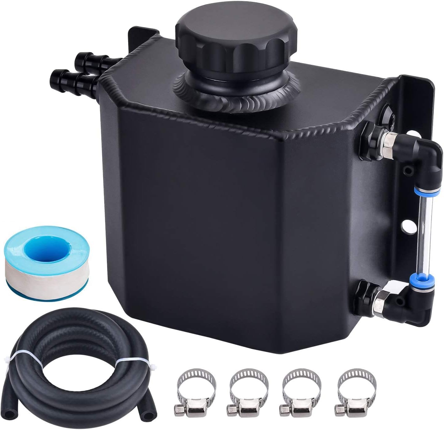 SPEEDWOW coolant overflow tank, Aluminum radiator overflow tank with Teflon tape & O-ring Gasket, 1 L Universal Reservoir Expansion Tank (BLACK)
