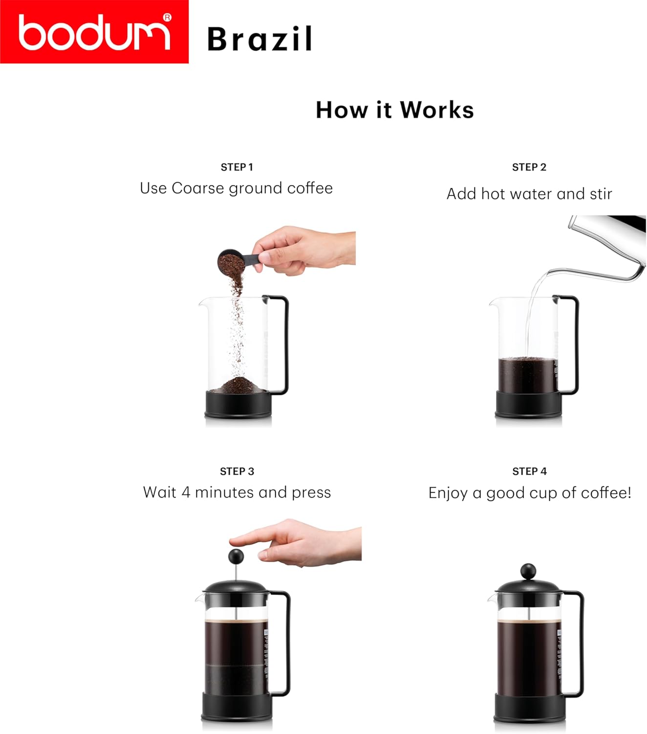 BODUM Brazil 8 Cup French Press Coffee Maker, Black, 1.0 l, 34 oz