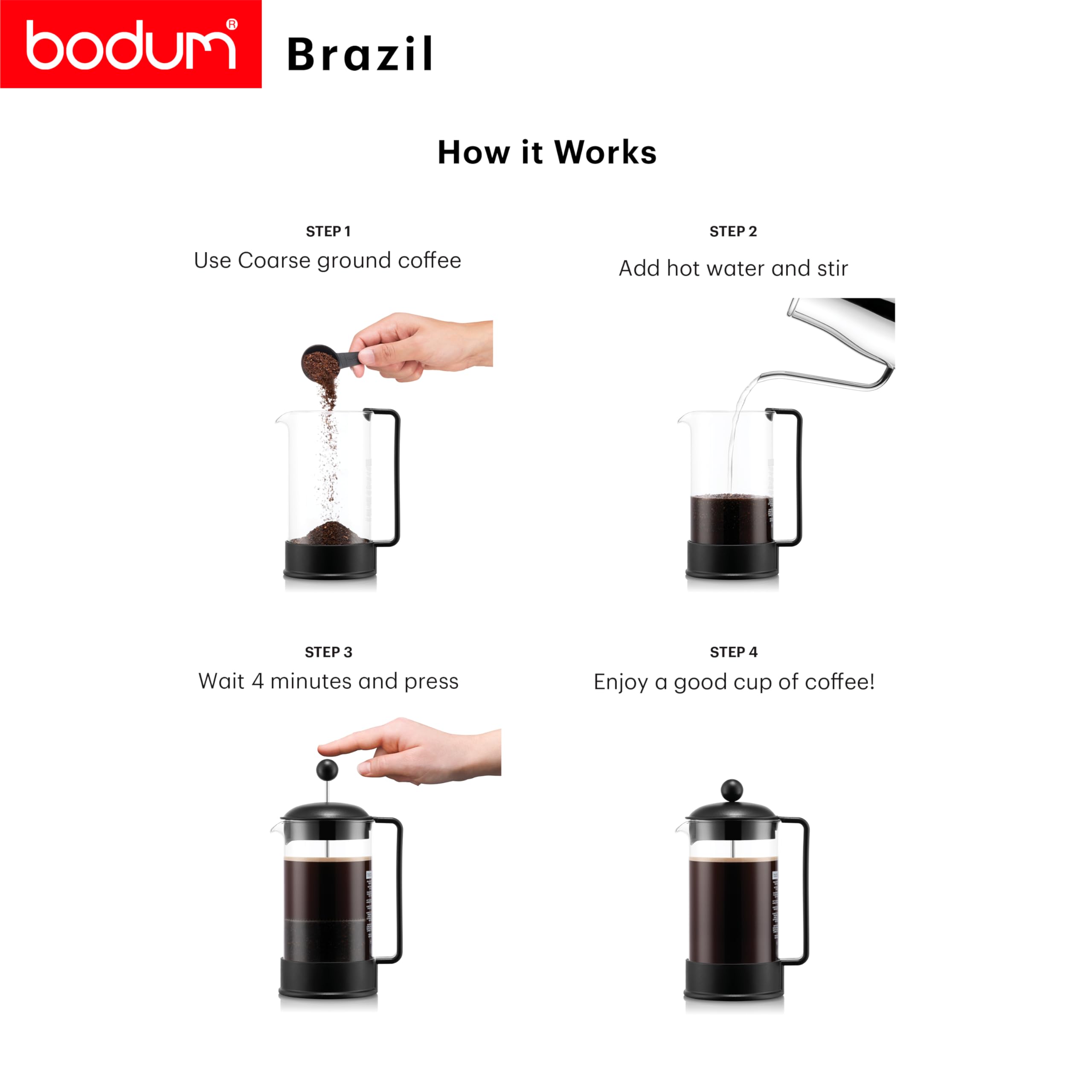 Bodum French Press Brazil - 1L / 8 Tasses Cafetière à Piston - Verre Résistant & Filtre Acier INOX - sans BPA Lavable au Lave-Vaisselle - Cafetière Classique - Fabriquée au Portugal