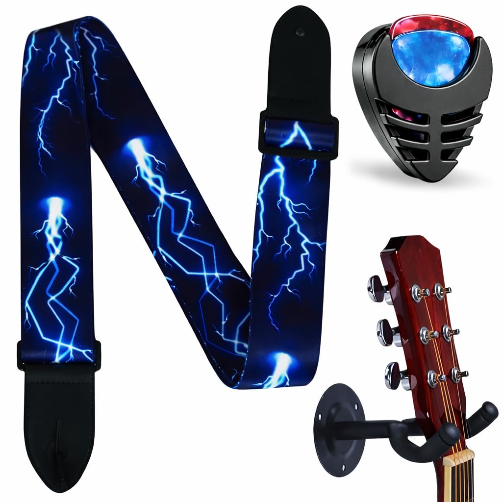 AMG Music Guitar Accessories Combo Kit – Adjustable Guitar Strap (34-41”) + Wall Mount Hanger + Pick Holder + 5 Picks (0.46mm) for Acoustic Electric Bass Guitar-image-49
