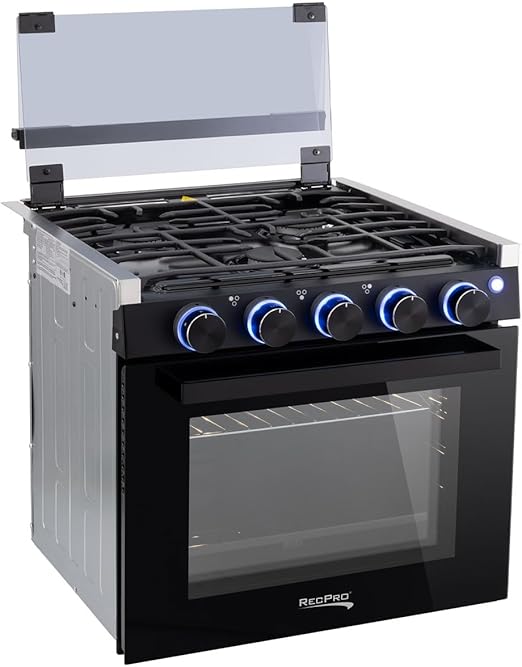 RecPro RV Stove Black Finish | Gas Range 21" Tall | 6500 and 8000 BTU Three Burner | 7100 BTU Oven with 1.8 Cu. Ft Capacity | Optional Vented Range Hood