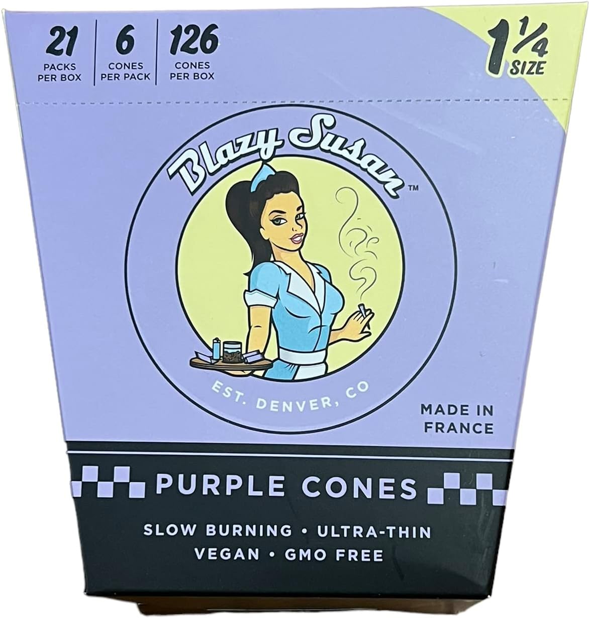 Blazy Susan Rolling Paper Cones Purple 1 1/4 Size (6 per pack) + RSV Scoop Card (Full Box (21 Packs))