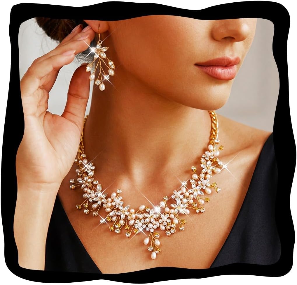 GORAIS Gold Rhinestone Jewelry Sets Pearl Prom Wedding Necklace and Earrings Set for Women Formal