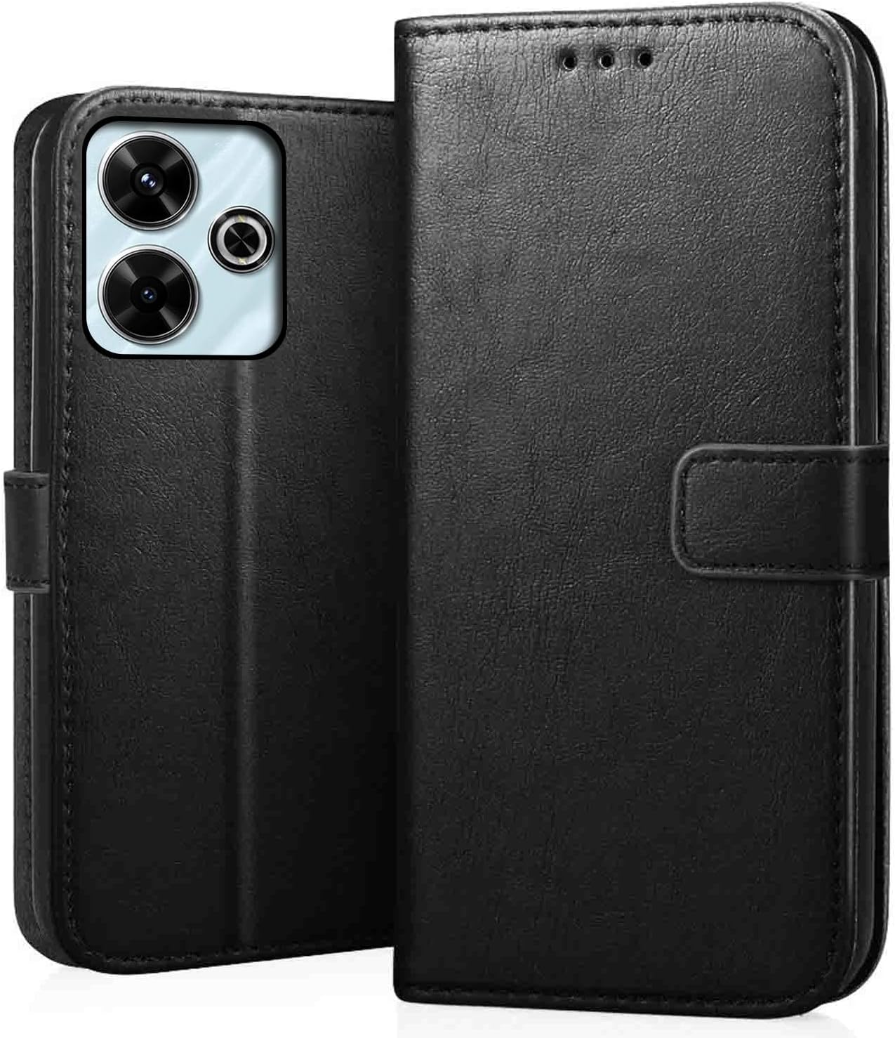 CEDOCEDO Redmi 13 (5G) / Redmi 13 Prime Edition/Poco M6 Plus (5G) Flip Cover | Leather Finish | Inside Pockets & Inbuilt Stand | Shockproof Wallet Style Magnetic Closure Back Case Flipcover (Black)