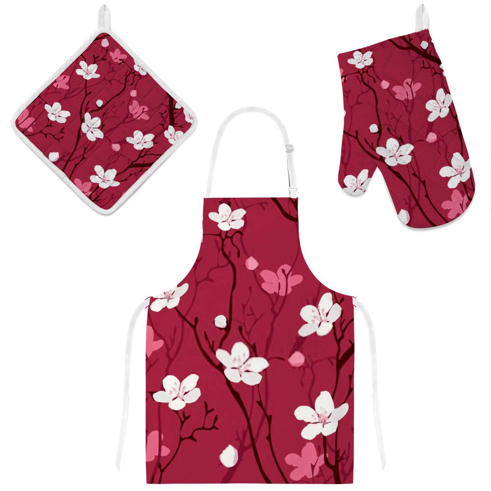 Ensemble tablier de cuisine fleurs de cerisier avec gants haute résistance