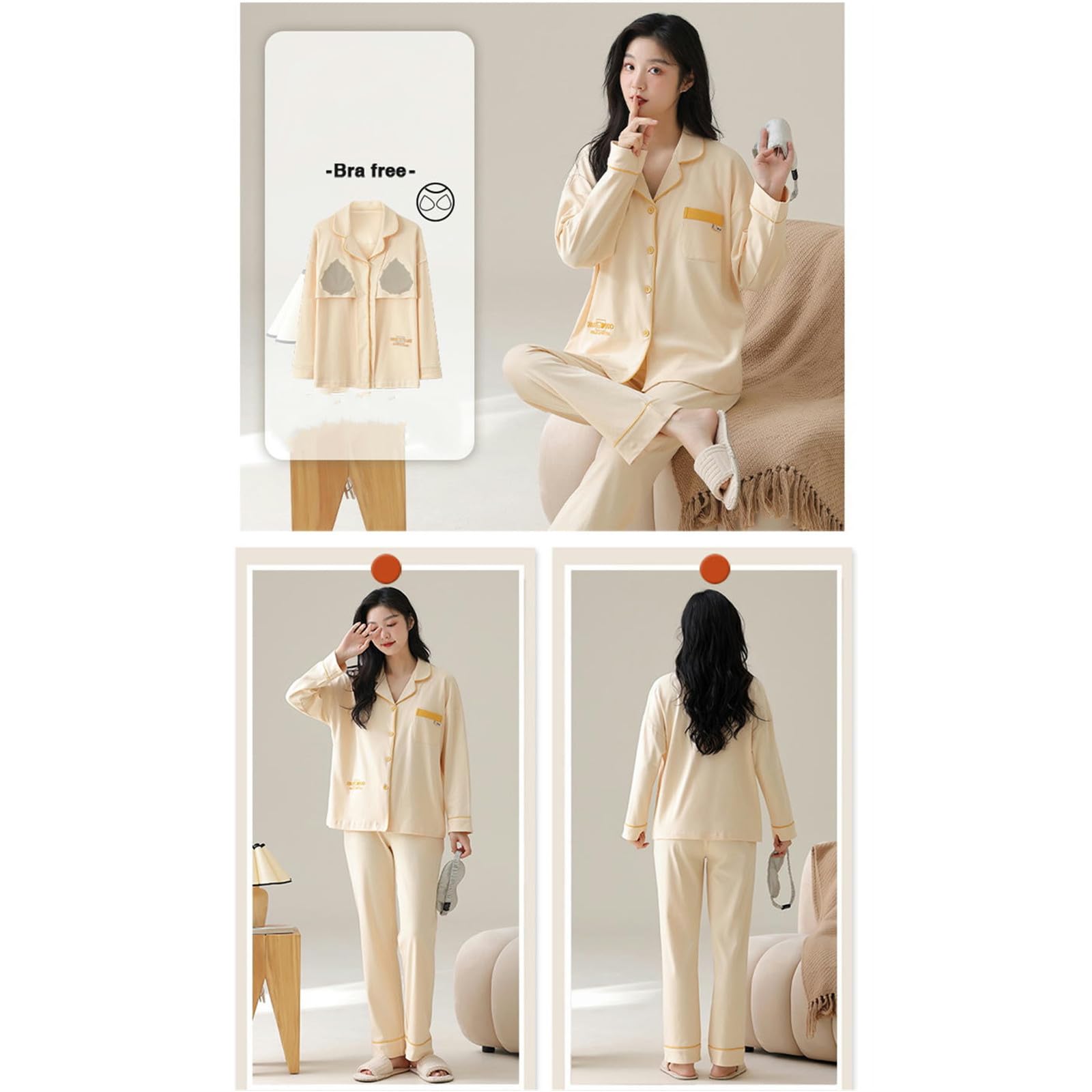 Pigiama Donna Pigiama da Donna A Maniche Lunghe Primavera Autunno con Protezioni per Il Petto - Completo da Casa in Cotone con Colletto A Revers, Morbido E Confortevole-Giallo-m