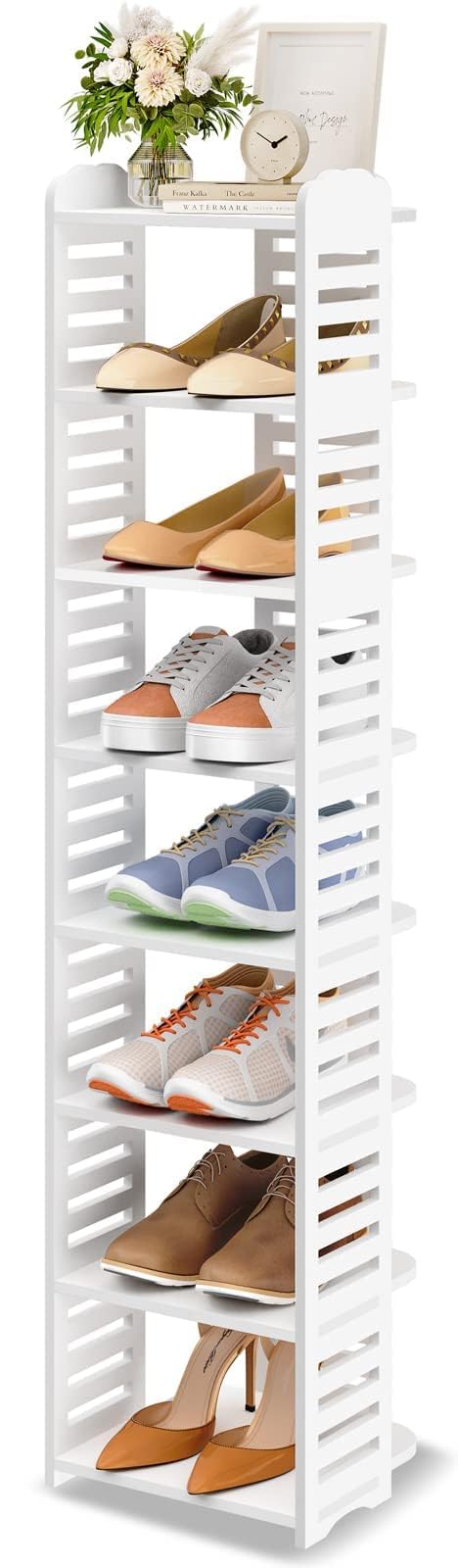 Dripex Zapatero Estrecho Blanco, Altura Ajustable, Zapatero Vertical, de Madera y PVC, Mueble Zapatero para Entrada Recibidor Pasillo, 8 Niveles, 26 x 25 x 111cm