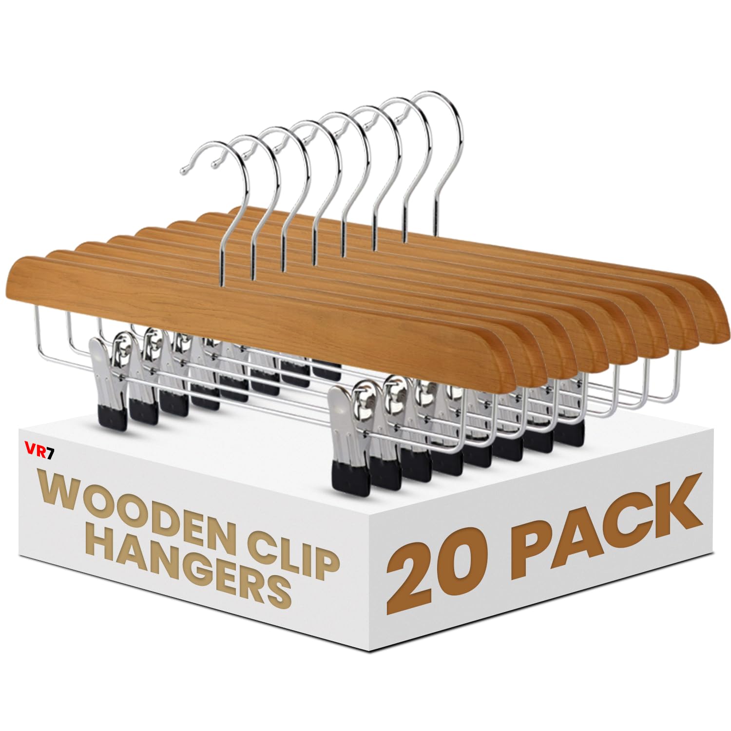 VR7 - Wooden Hangers - Pack of 20, Space Saver Wooden Hangers for Clothes with Metal Trouser & Skirt Clamps - Pine