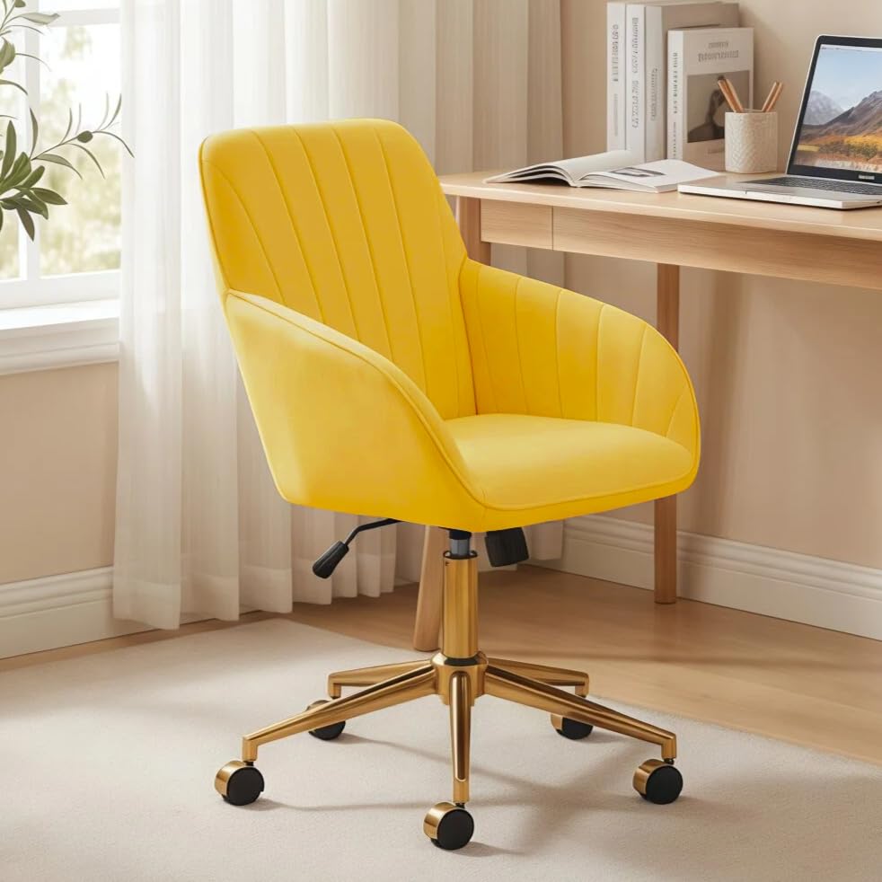 YISHENG Velvet Office Desk Chair in Yellow with Gold Base