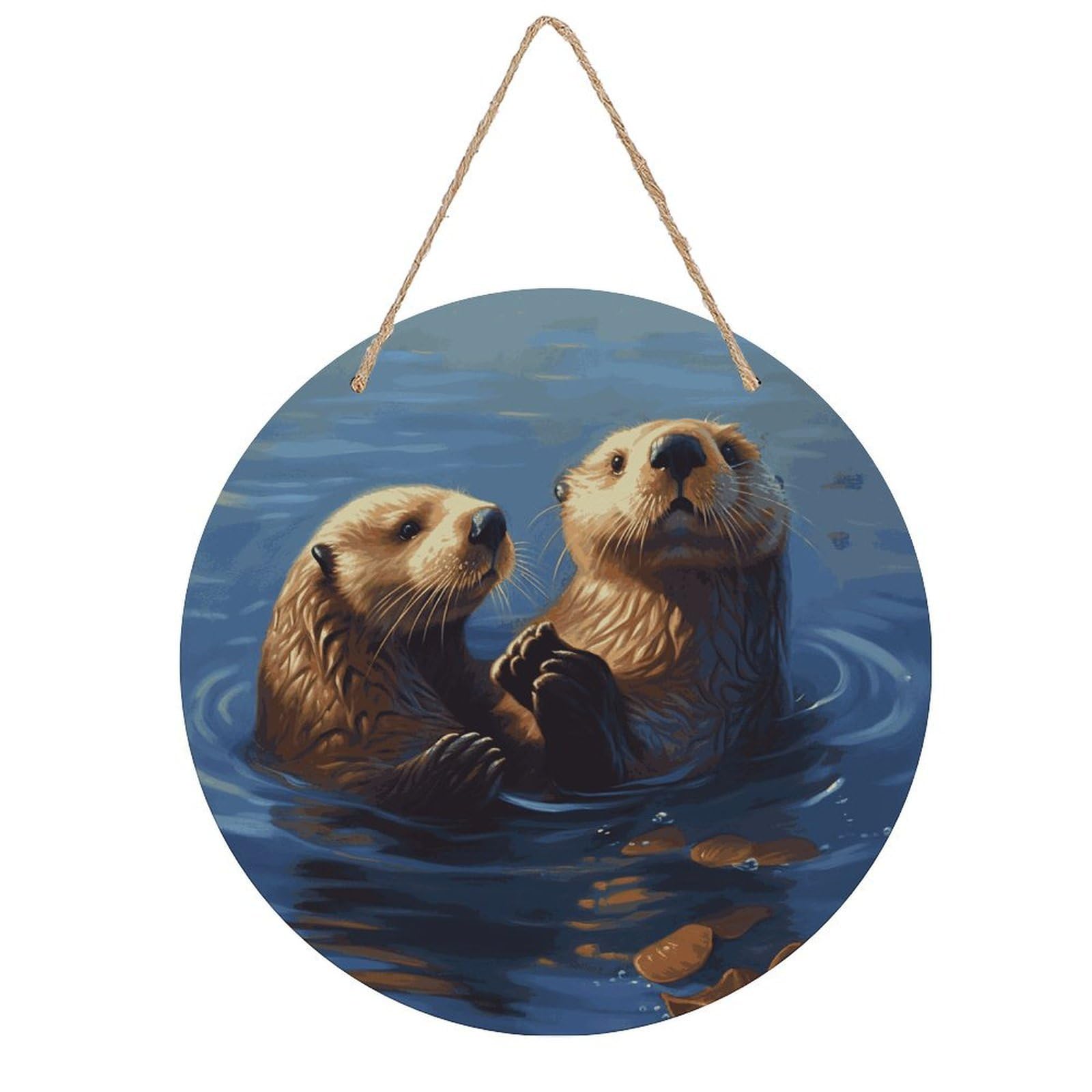 Adfgyerh Style Sea Otters Painting Room Decor，Round Wooden Board Painting，Wall Art，Easy To Hang，Wall Decor ，Suitable For Homes, Offices, Holidays, Bars, Cafes, And Other Venues.
